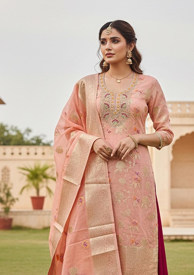 Peach Weaving Cotton Kurta Set - Indya