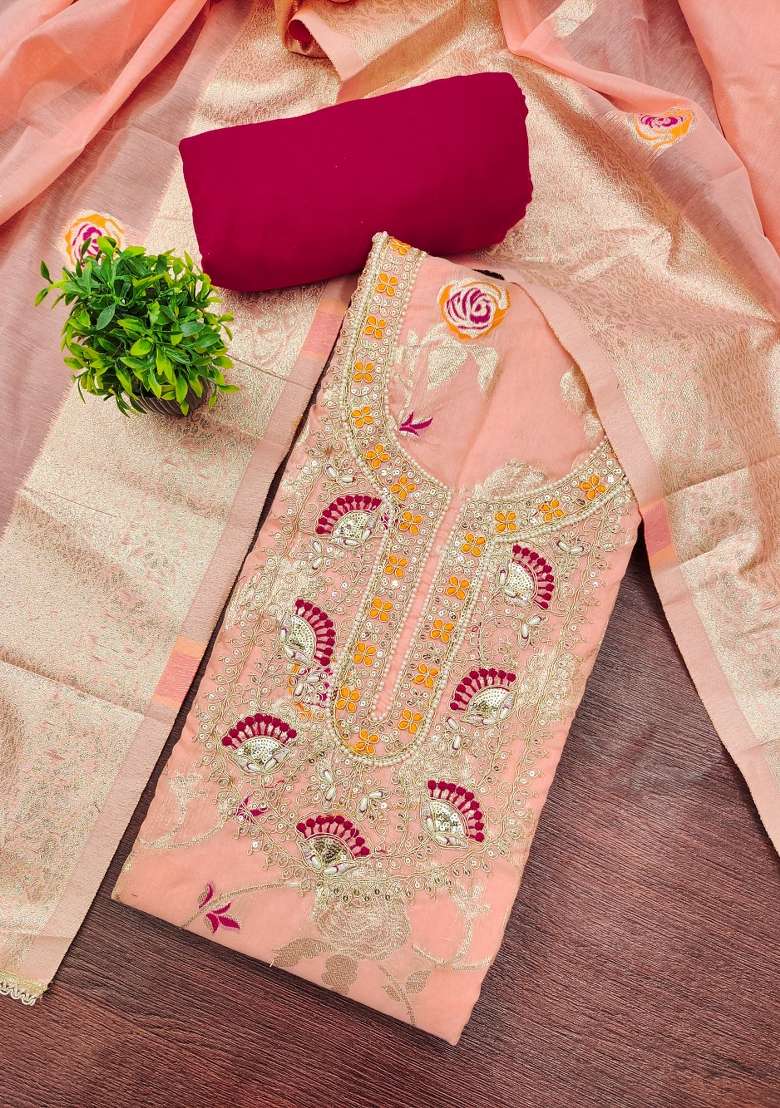 Peach Weaving Cotton Kurta Set - Indya
