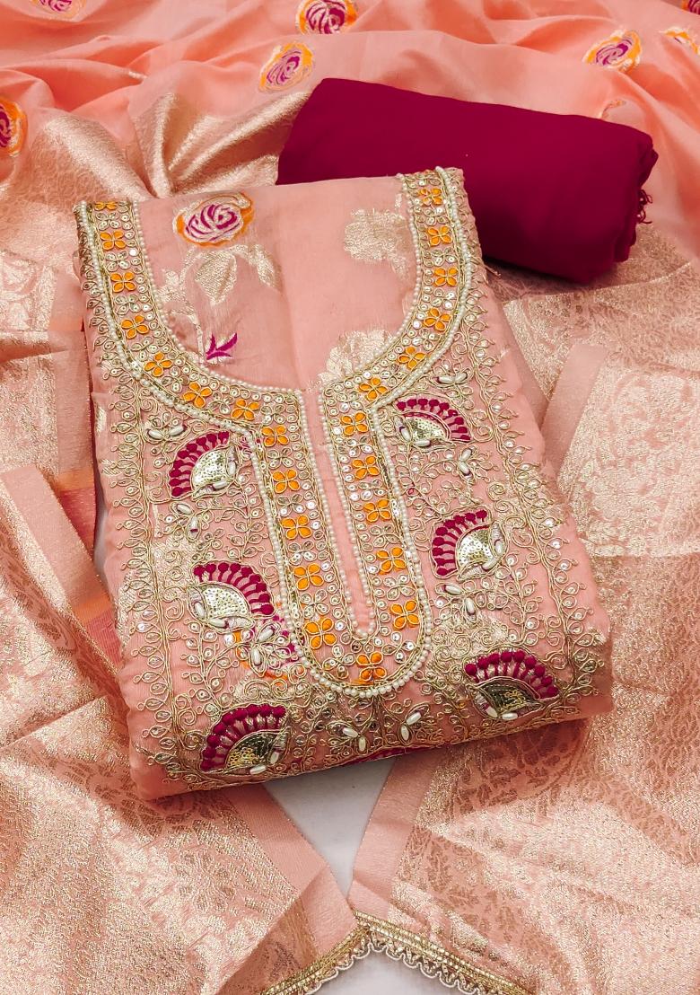Peach Weaving Cotton Kurta Set - Indya