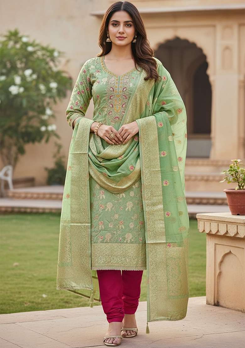 Light Green Weaving Cotton Kurta Set - Indya