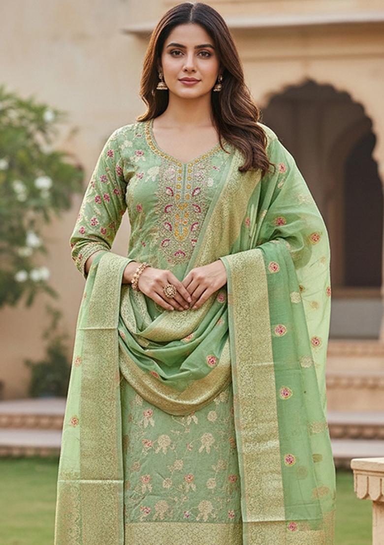 Light Green Weaving Cotton Kurta Set - Indya