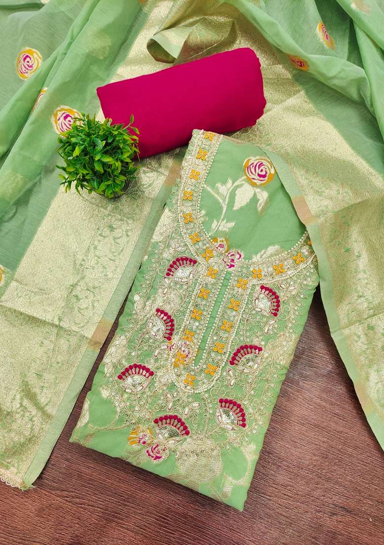 Light Green Weaving Cotton Kurta Set - Indya