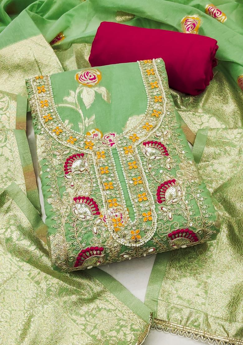 Light Green Weaving Cotton Kurta Set - Indya