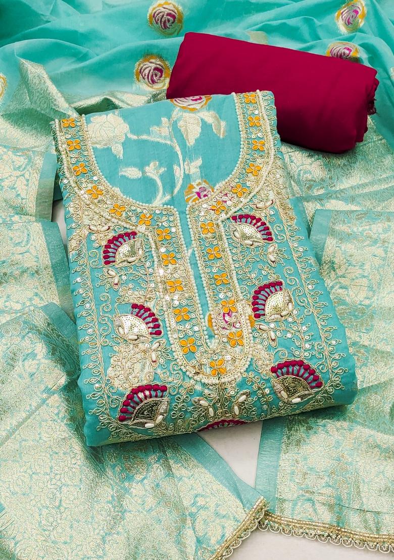 Sky Blue Weaving Cotton Kurta Set - Indya