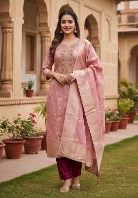 Baby Pink Weaving Cotton Kurta Set