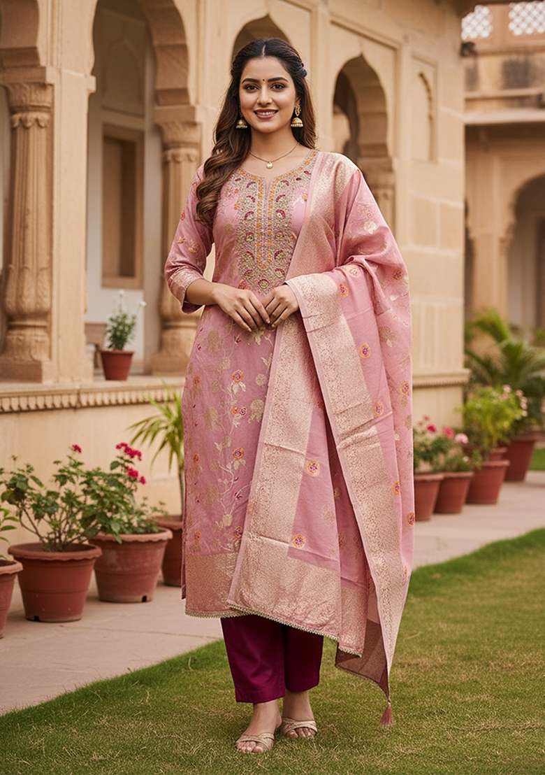 Baby Pink Weaving Cotton Kurta Set - Indya