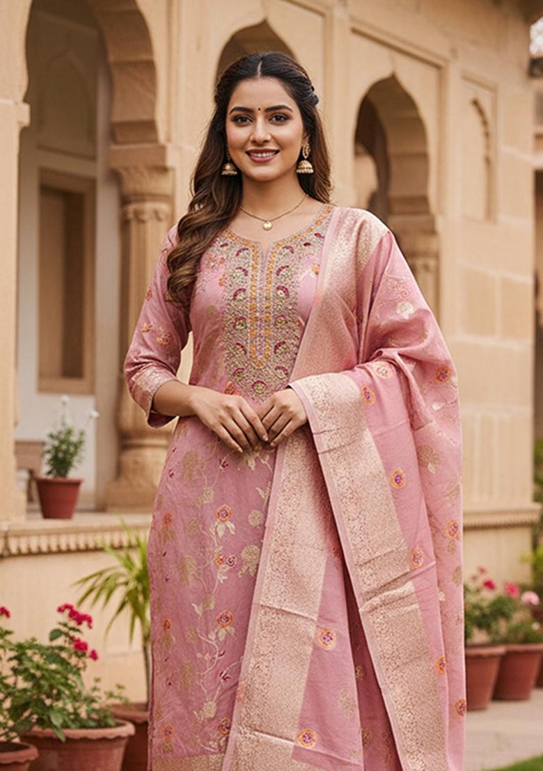 Baby Pink Weaving Cotton Kurta Set - Indya