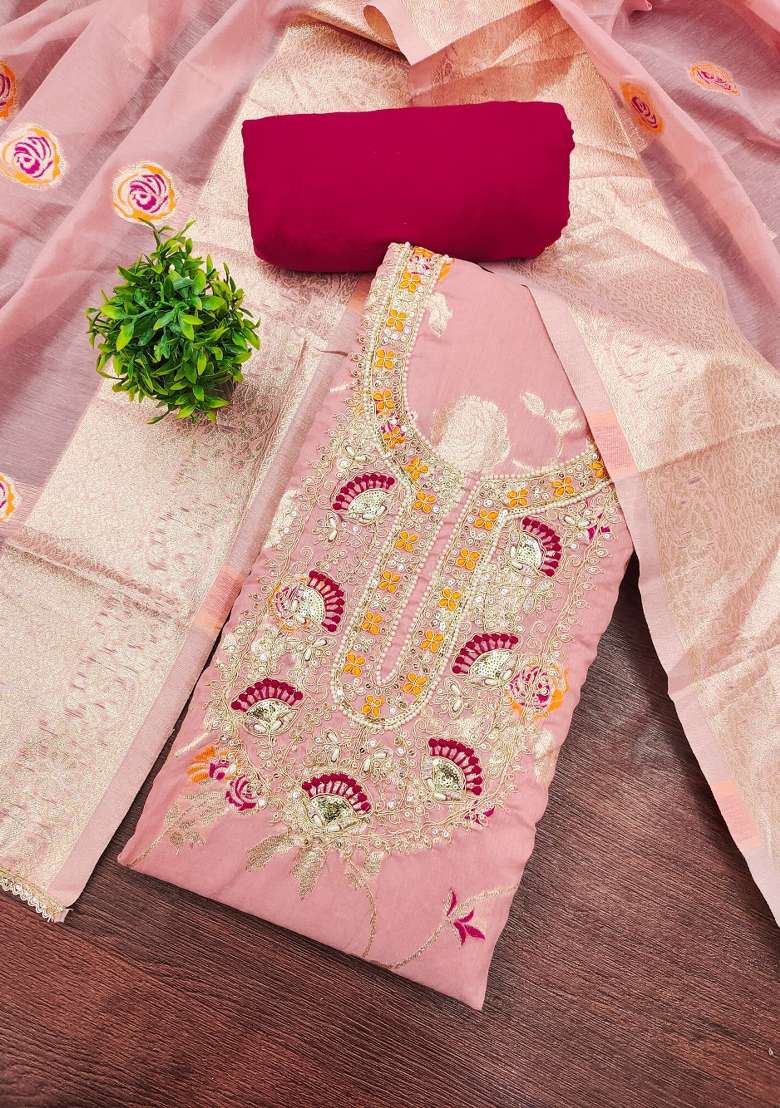 Baby Pink Weaving Cotton Kurta Set - Indya