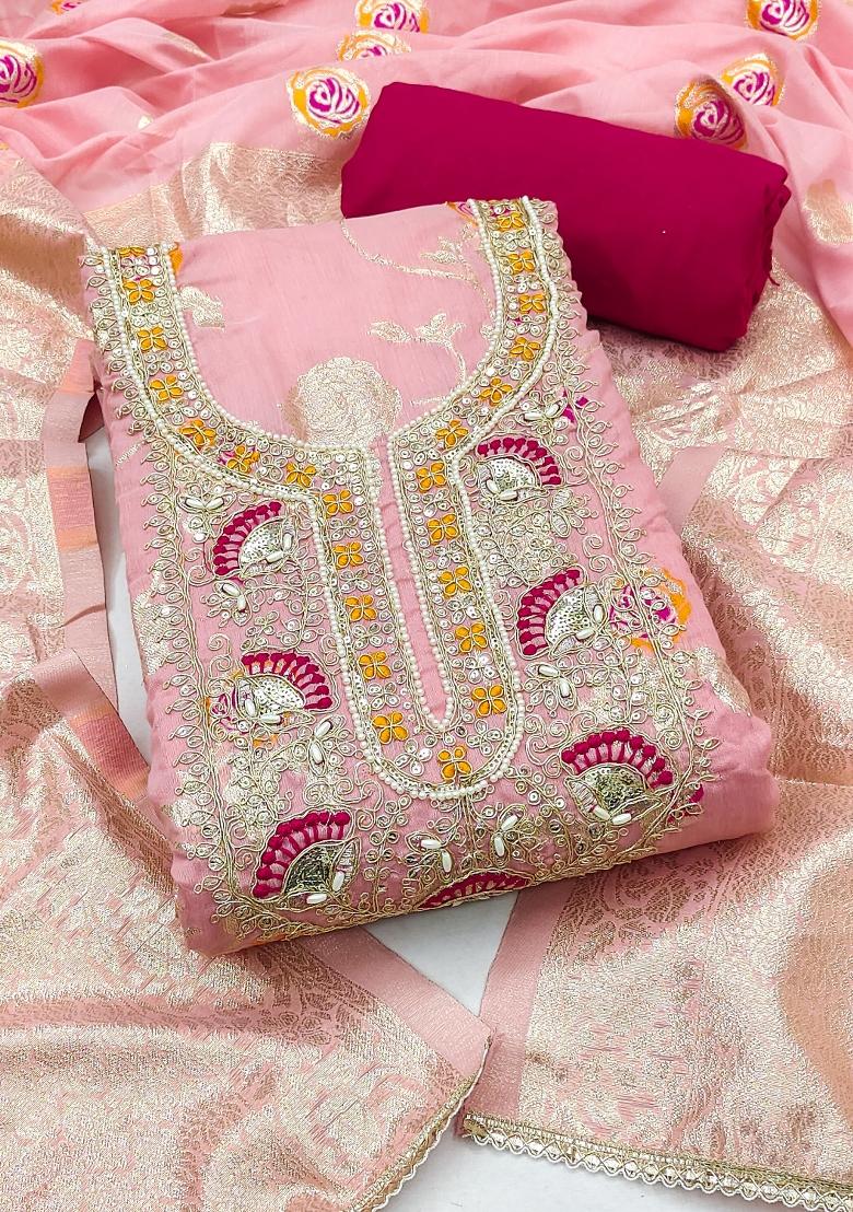 Baby Pink Weaving Cotton Kurta Set - Indya