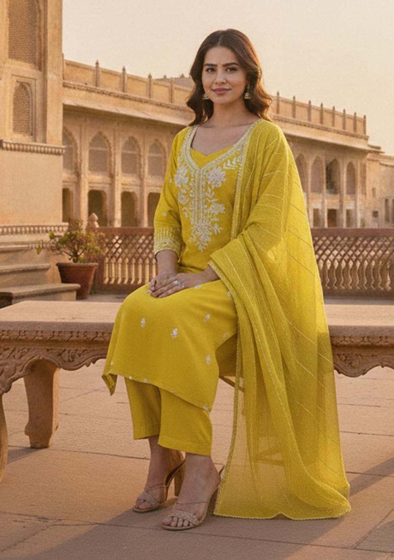 Light Green Embroidered Silk Kurta Set - Indya