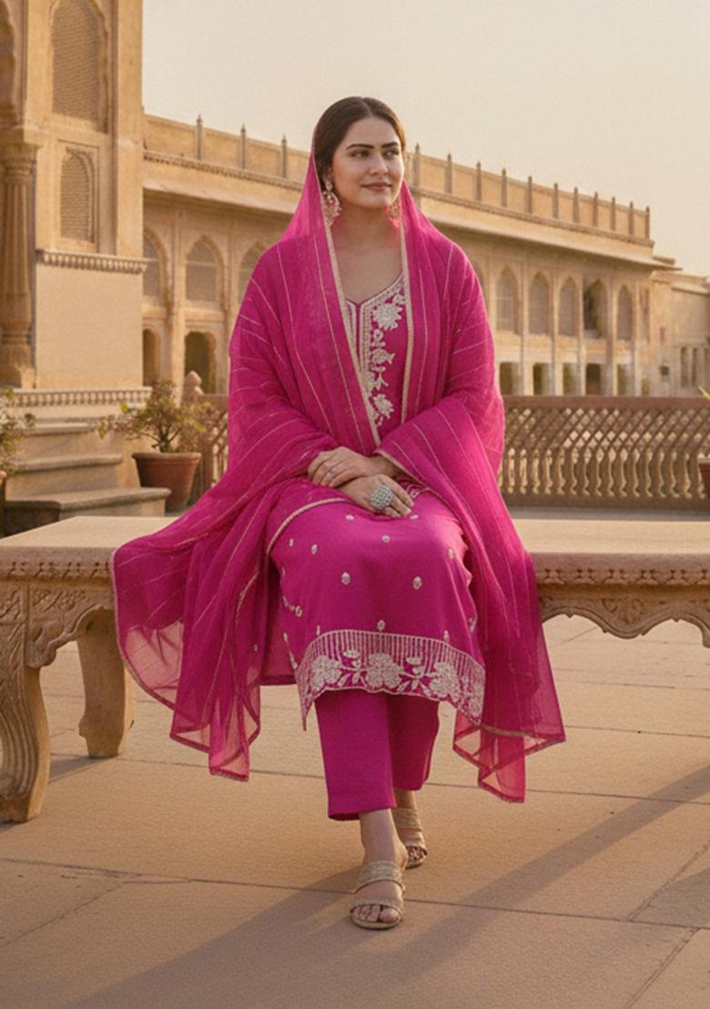 Magenta Embroidered Silk Kurta Set - Indya