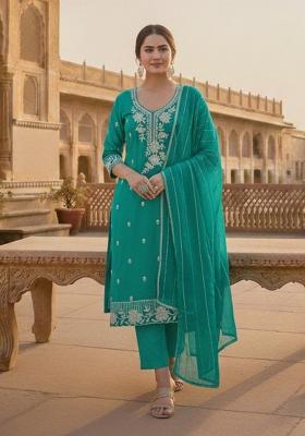 Sea Green Embroidered Silk Kurta Set