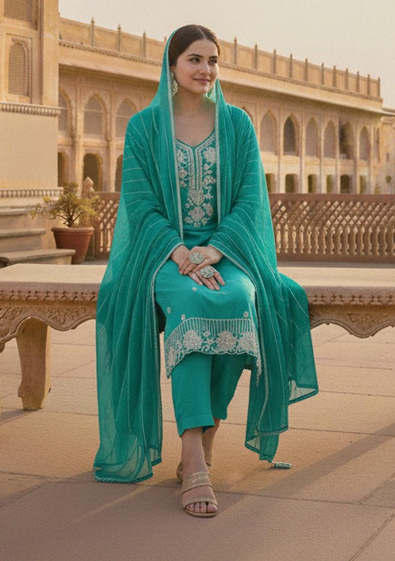 Sea Green Embroidered Silk Kurta Set - Indya