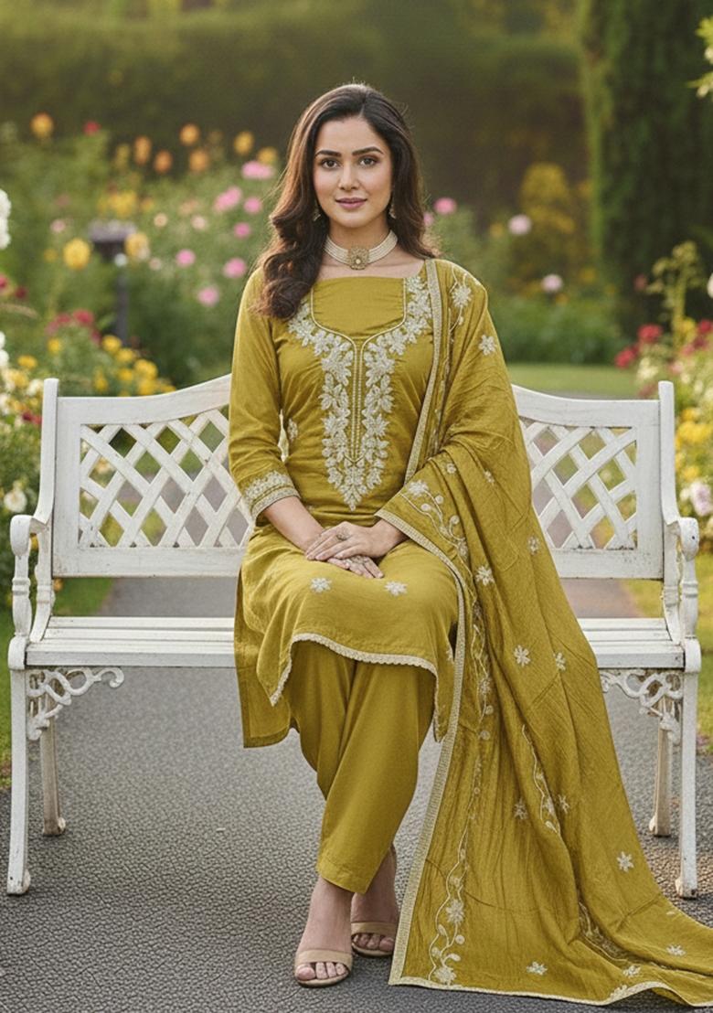 Light Green Embroidered Silk Kurta Set - Indya