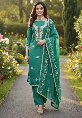 Sea Green Embroidered Silk Kurta Set