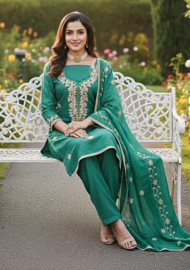Sea Green Embroidered Silk Kurta Set - Indya