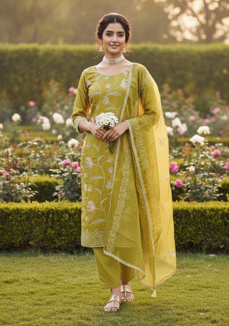 Light Green Embroidered Cotton Kurta Set - Indya