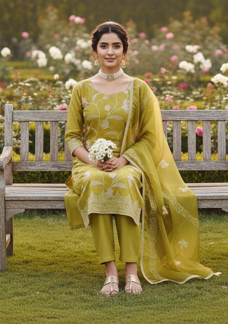 Light Green Embroidered Cotton Kurta Set - Indya