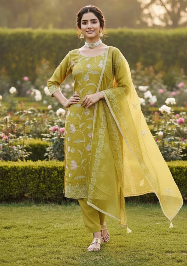 Light Green Embroidered Cotton Kurta Set - Indya