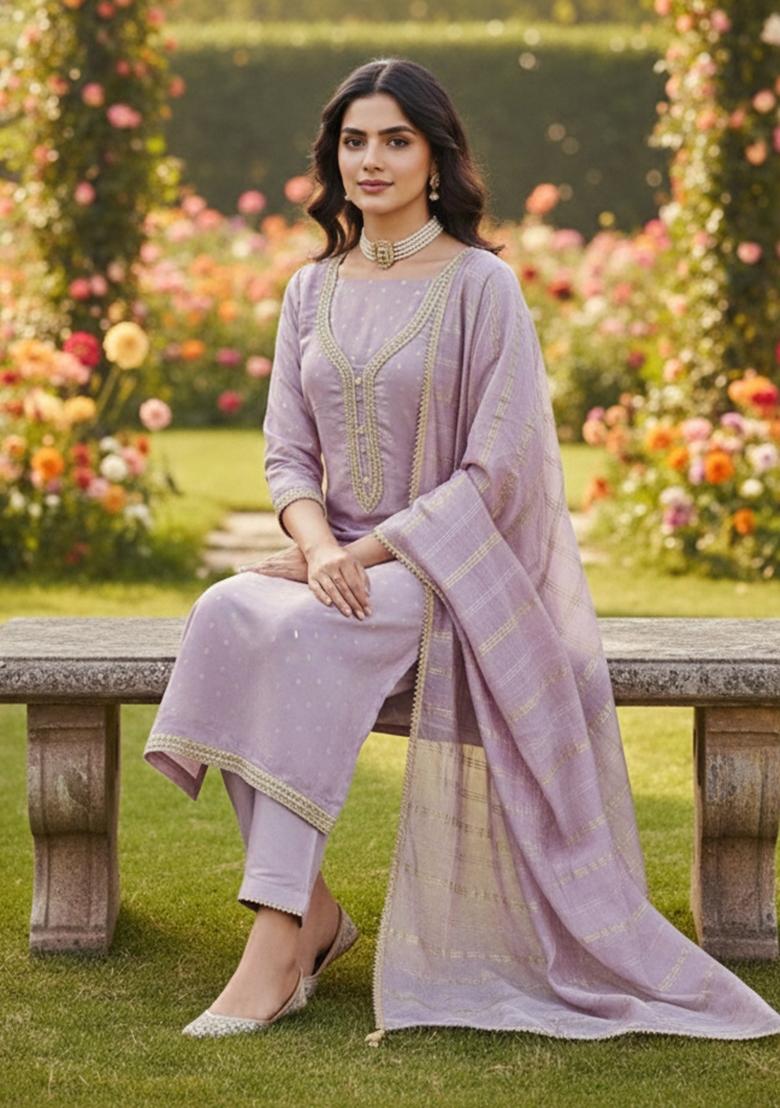 Lavender Weaving Chanderi&nbsp; Kurta Set - Indya