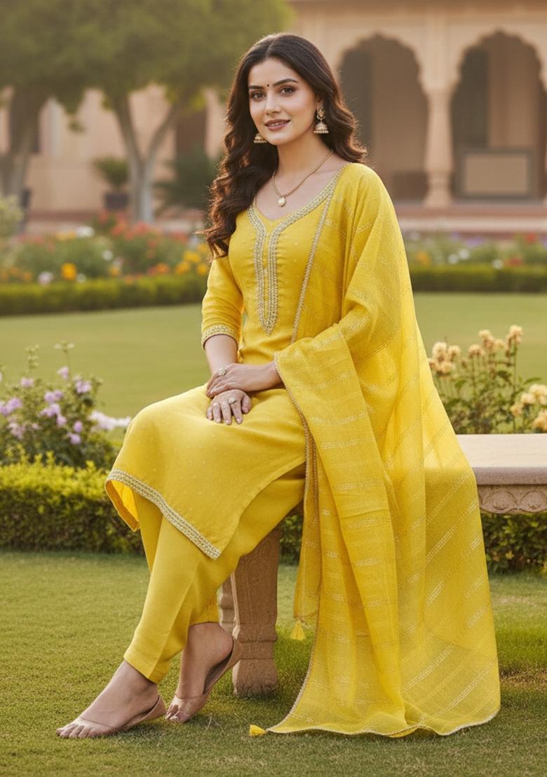 Light Green Weaving Chanderi&nbsp; Kurta Set - Indya