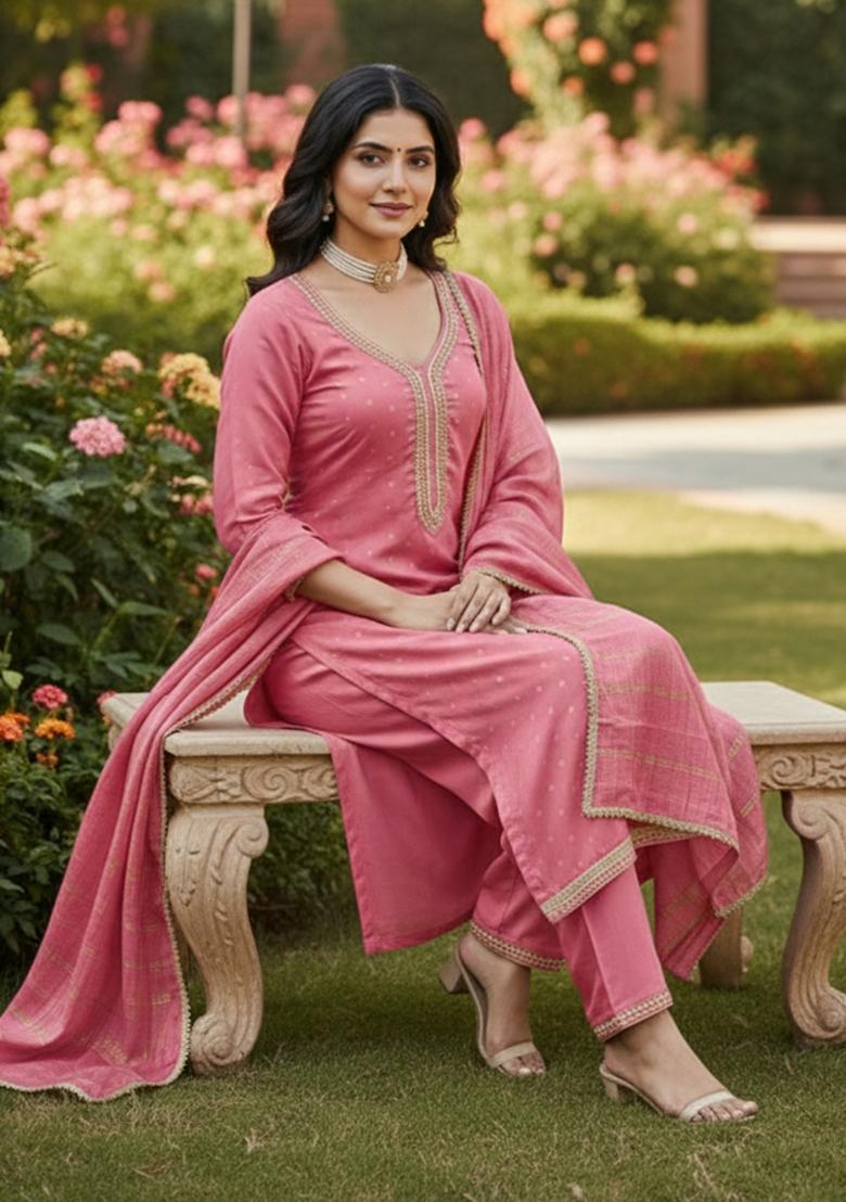 Pink Weaving Chanderi&nbsp; Kurta Set - Indya