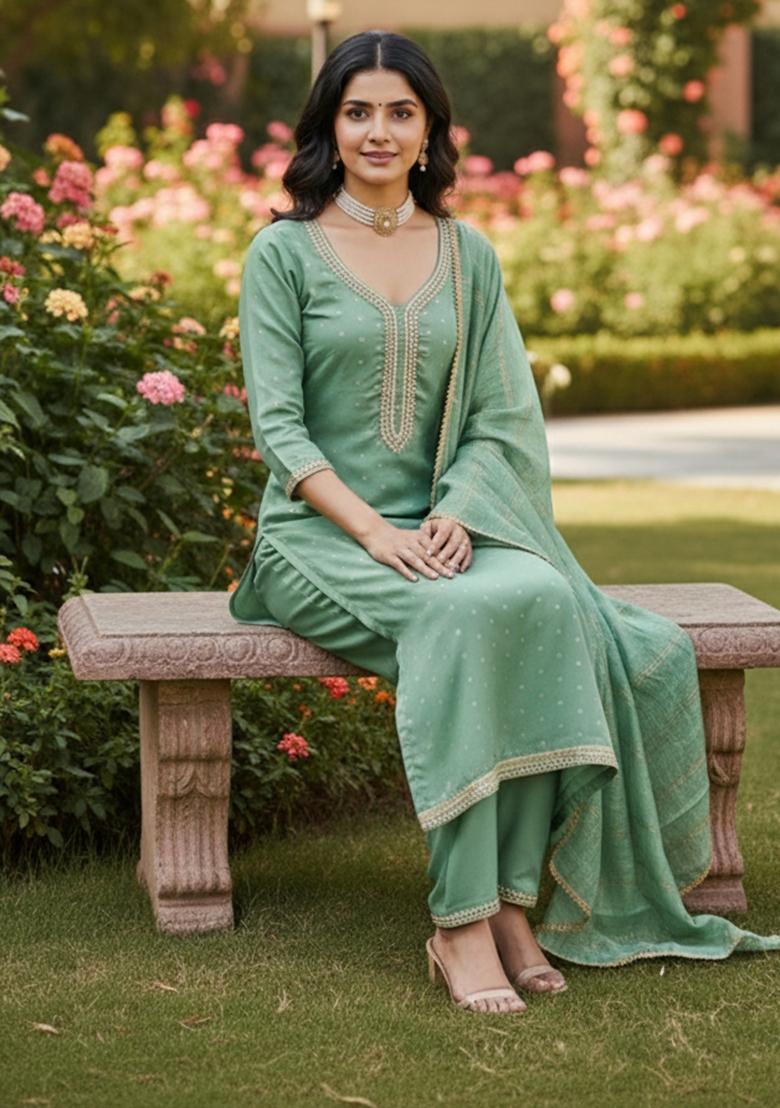 Sea Green Weaving Chanderi&nbsp; Kurta Set - Indya