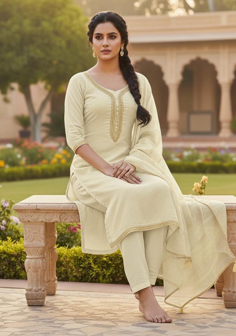 White Weaving Chanderi&nbsp; Kurta Set - Indya