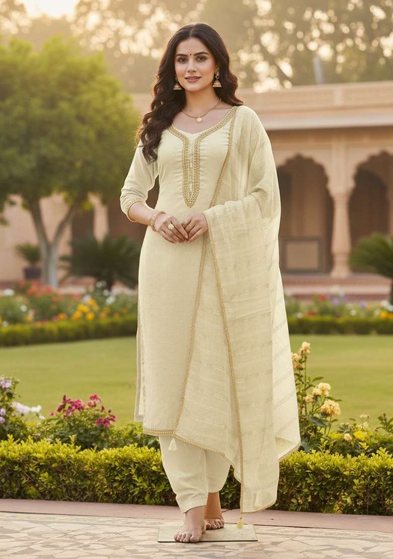 White Weaving Chanderi&nbsp; Kurta Set - Indya