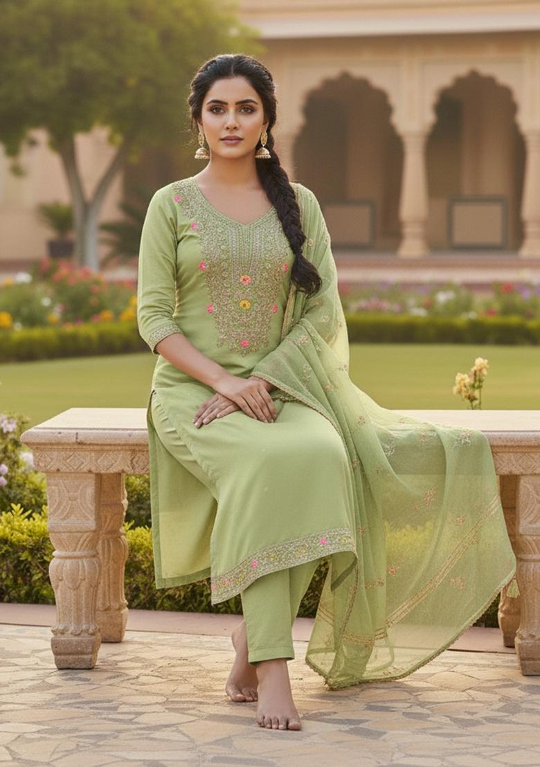 Green Embroidered Chanderi&nbsp; Kurta Set - Indya