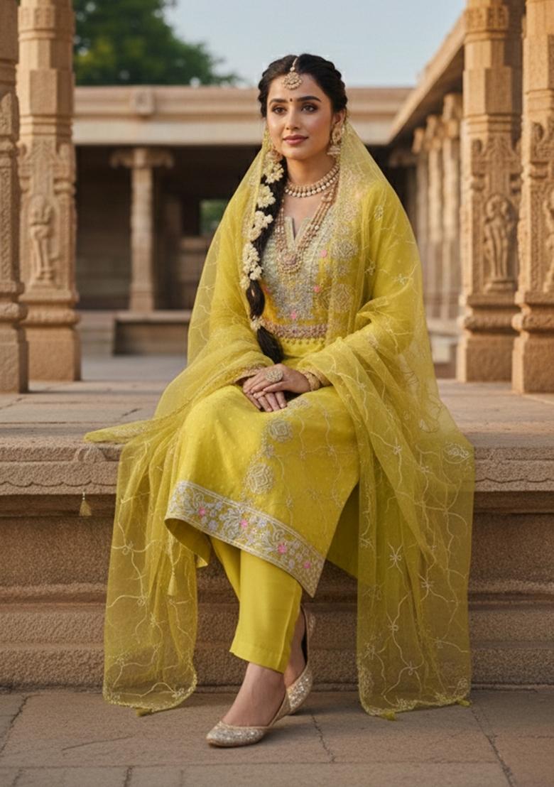 Light Green Embroidered Chanderi&nbsp; Kurta Set - Indya