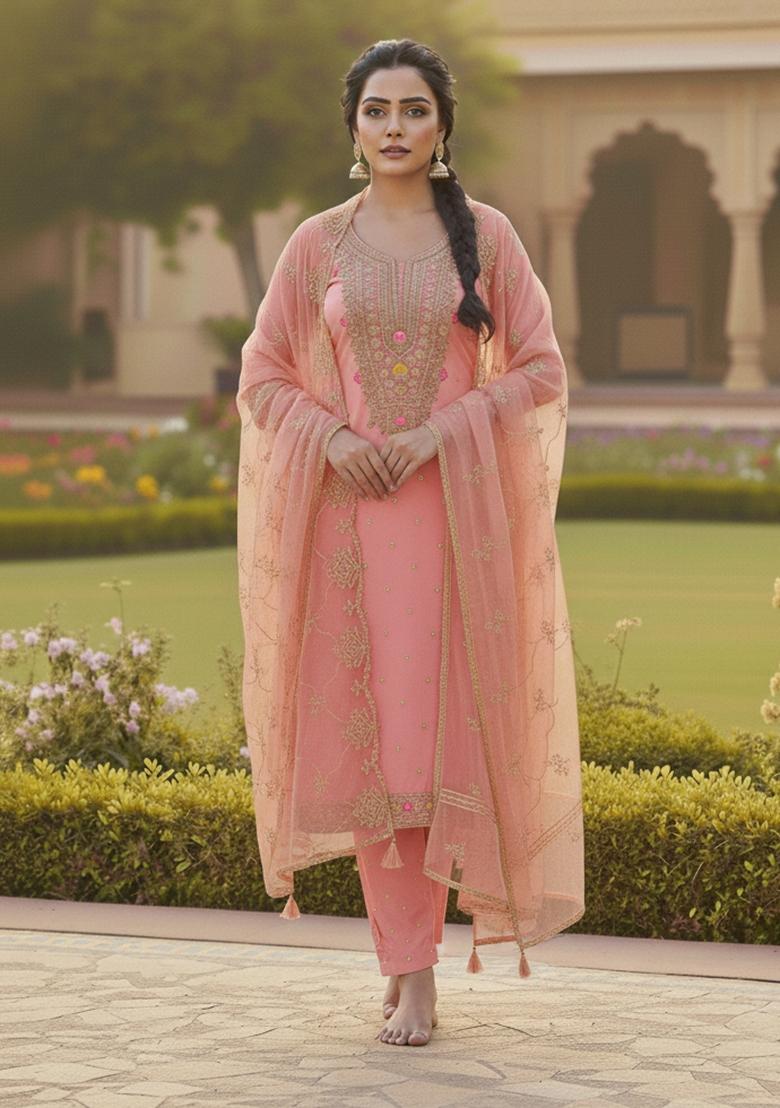 Pink Embroidered Chanderi&nbsp; Kurta Set - Indya