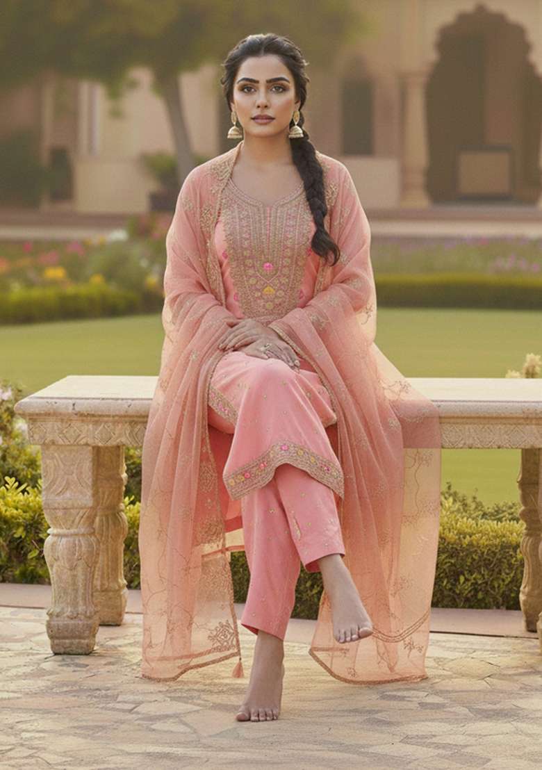 Pink Embroidered Chanderi&nbsp; Kurta Set - Indya