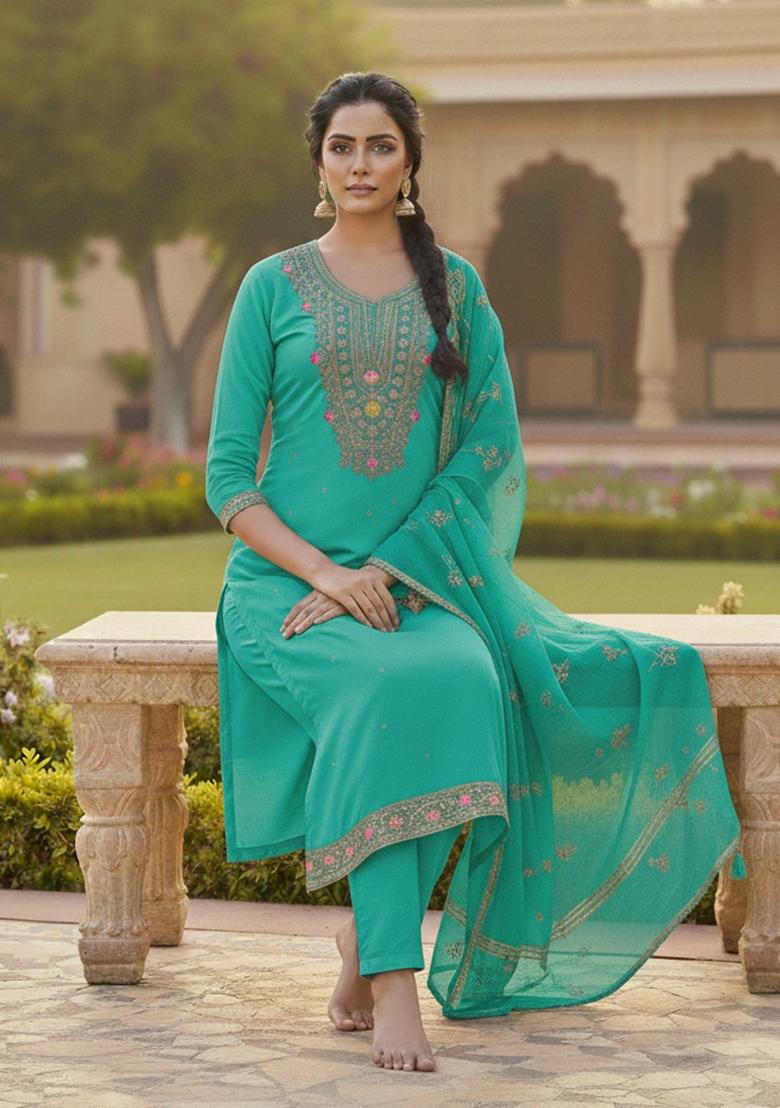 Sea Green Embroidered Chanderi&nbsp; Kurta Set - Indya