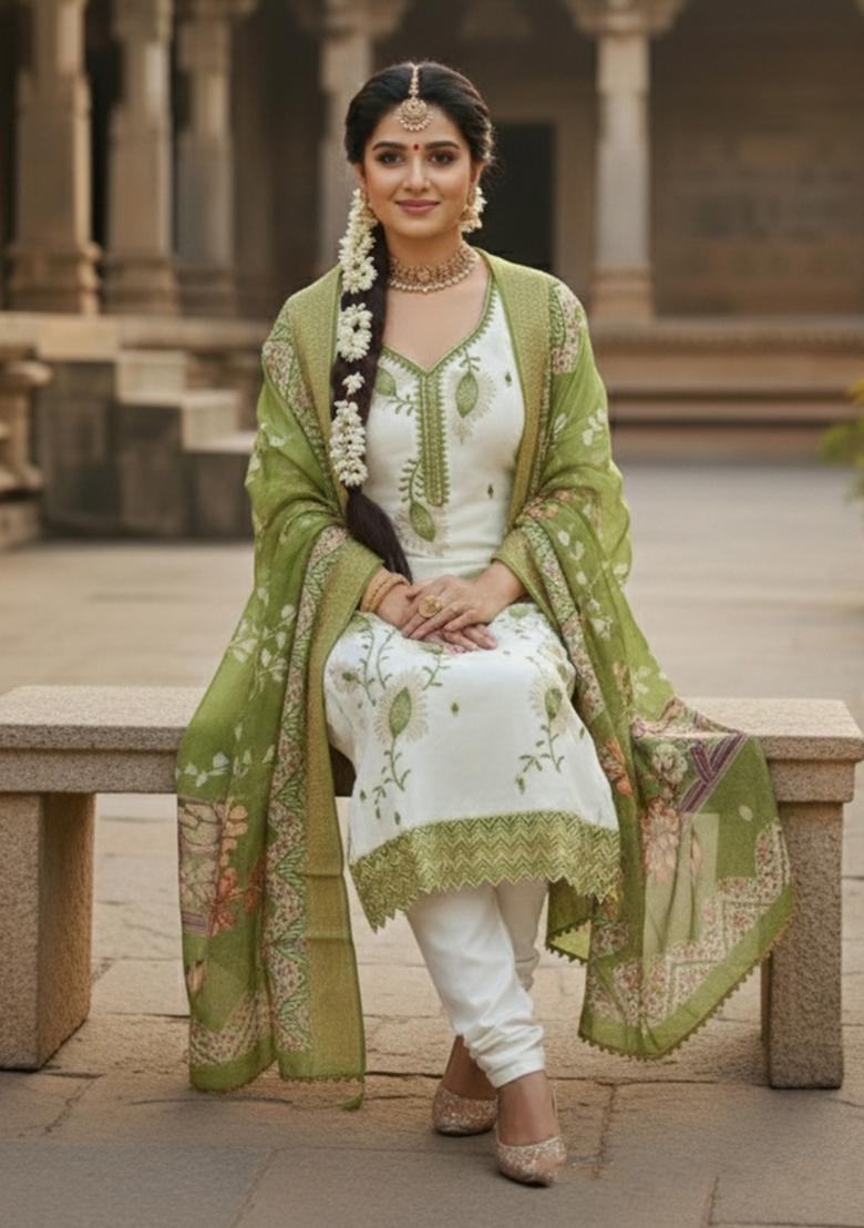 White Embroidered Silk Kurta Set - Indya
