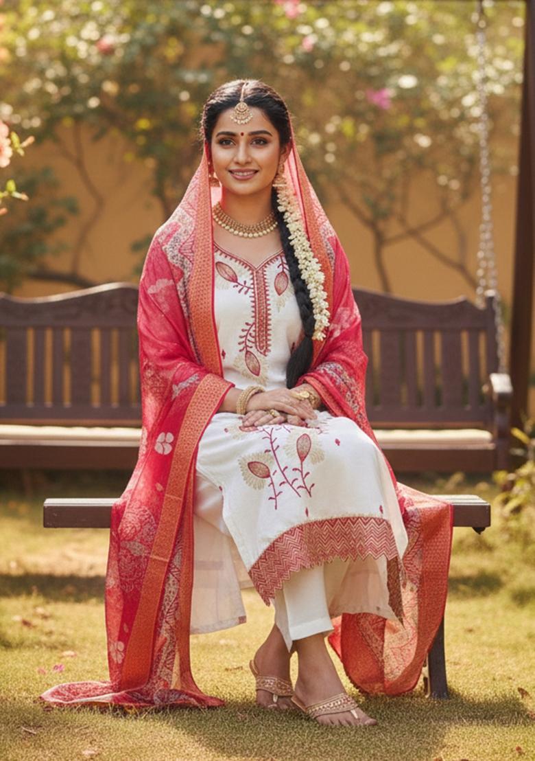 White Embroidered Silk Kurta Set - Indya