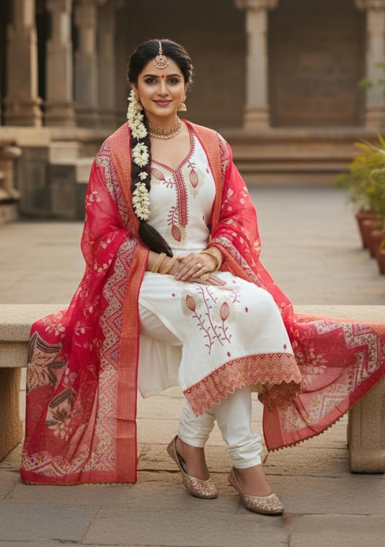 White Embroidered Silk Kurta Set - Indya