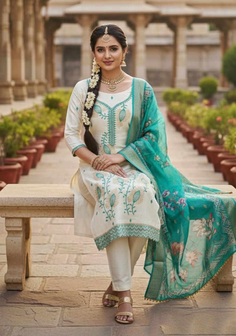 White Embroidered Silk Kurta Set - Indya