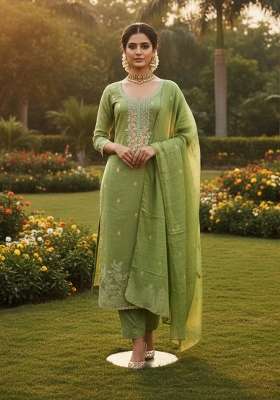 Green Embroidered Cotton Kurta Set
