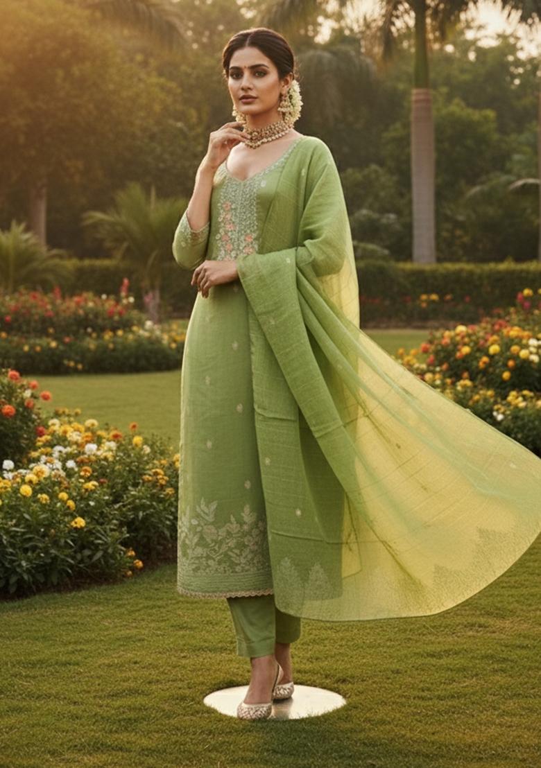 Green Embroidered Cotton Kurta Set - Indya