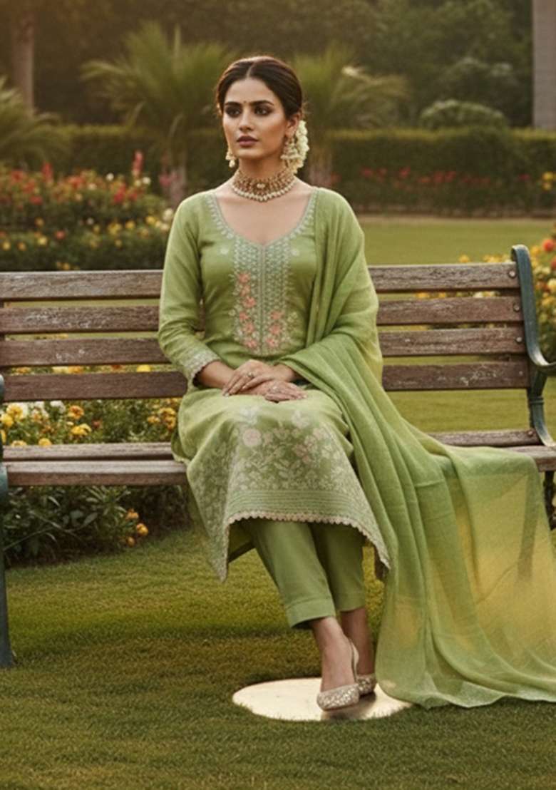Green Embroidered Cotton Kurta Set - Indya