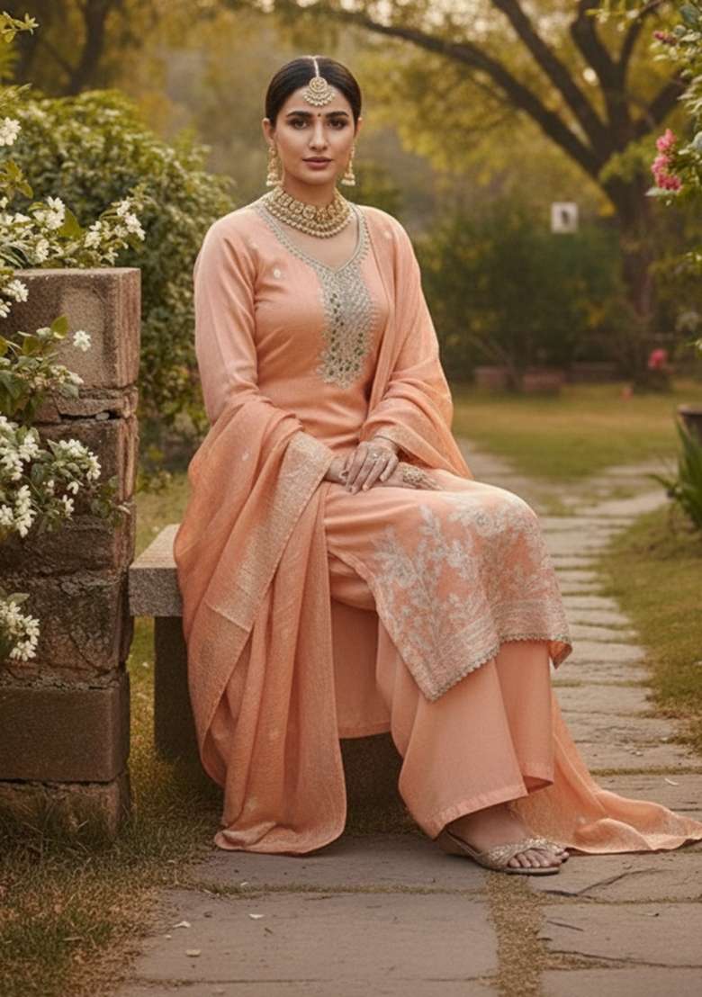 Peach Embroidered Cotton Kurta Set - Indya