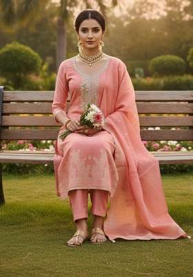 Pink Embroidered Cotton Kurta Set