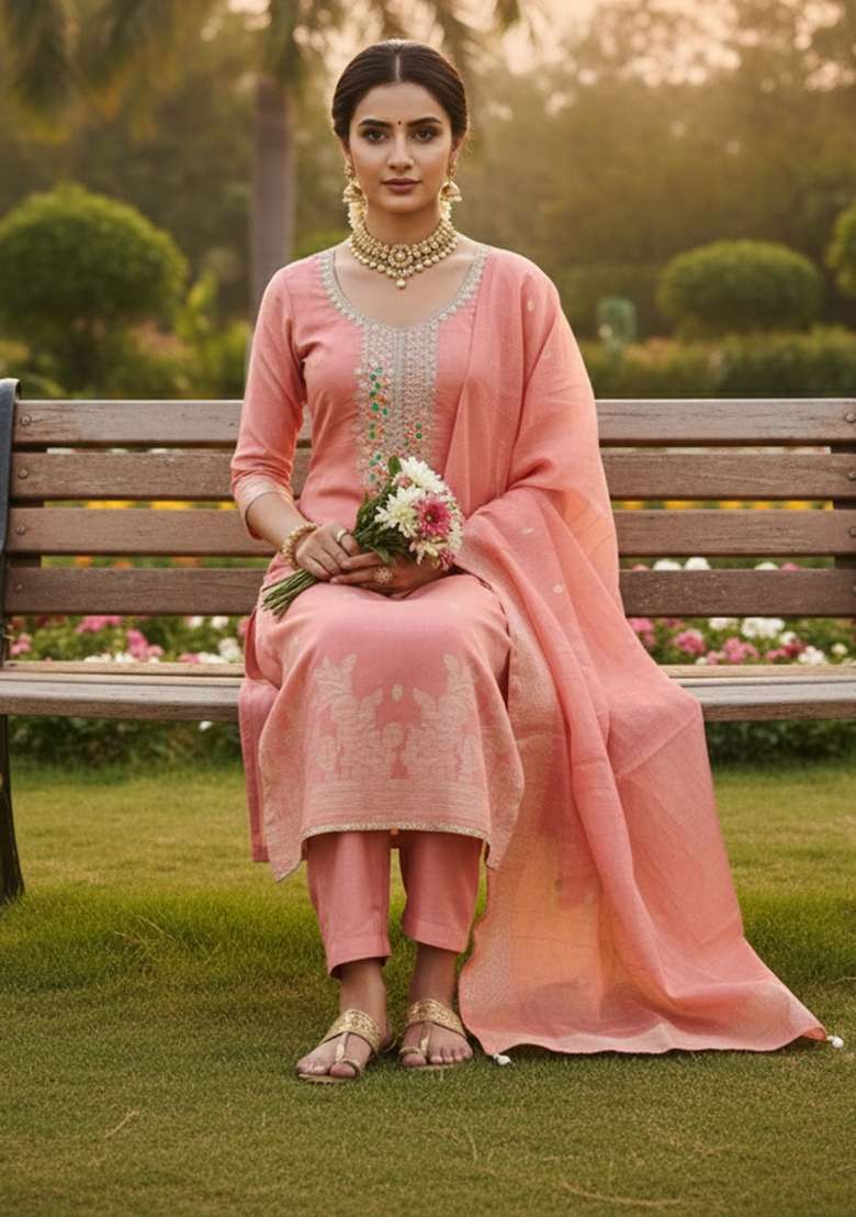 Pink Embroidered Cotton Kurta Set - Indya