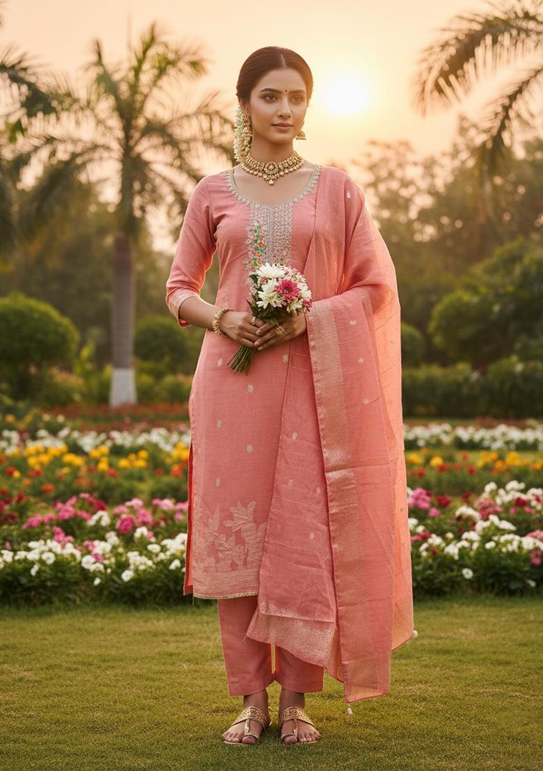 Pink Embroidered Cotton Kurta Set - Indya