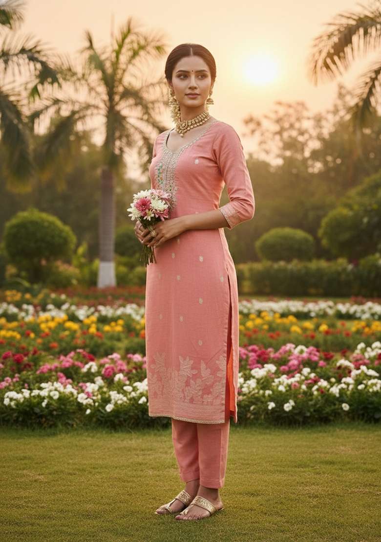 Pink Embroidered Cotton Kurta Set - Indya