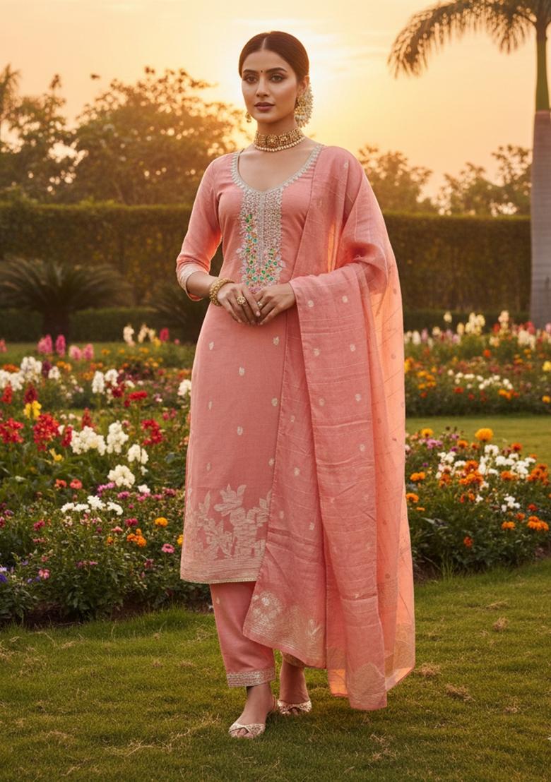 Pink Embroidered Cotton Kurta Set - Indya