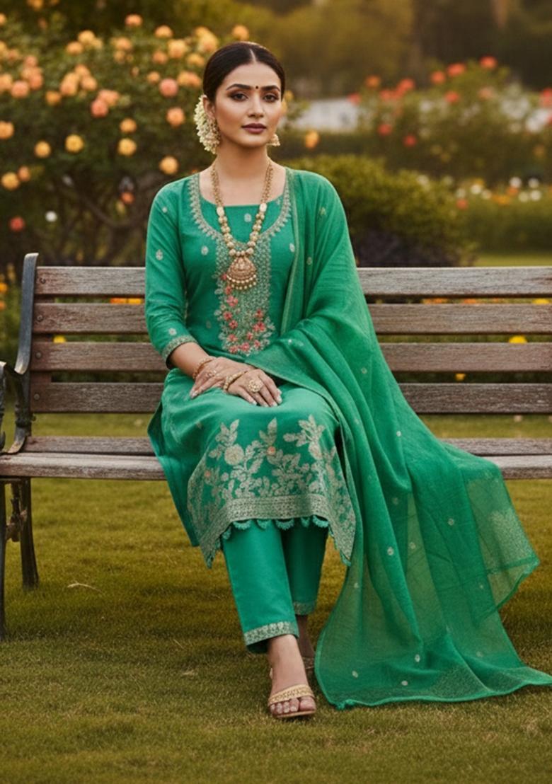 Sea Green Embroidered Cotton Kurta Set - Indya