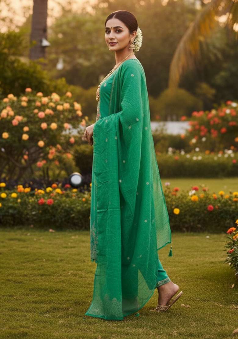 Sea Green Embroidered Cotton Kurta Set - Indya