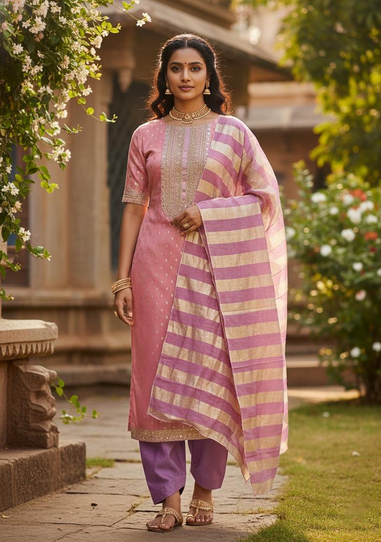 Pink Embroidered Shimmer Kurta Set - Indya